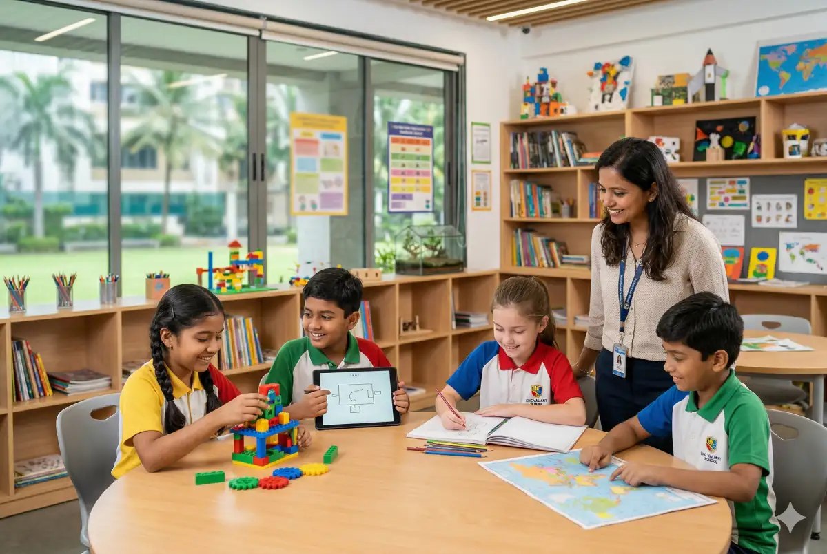 A diverse group of primary students and a smiling teacher in a modern, bright classroom at SHC Valia School, engaged in collaborative learning with building blocks, a tablet, and a world map.