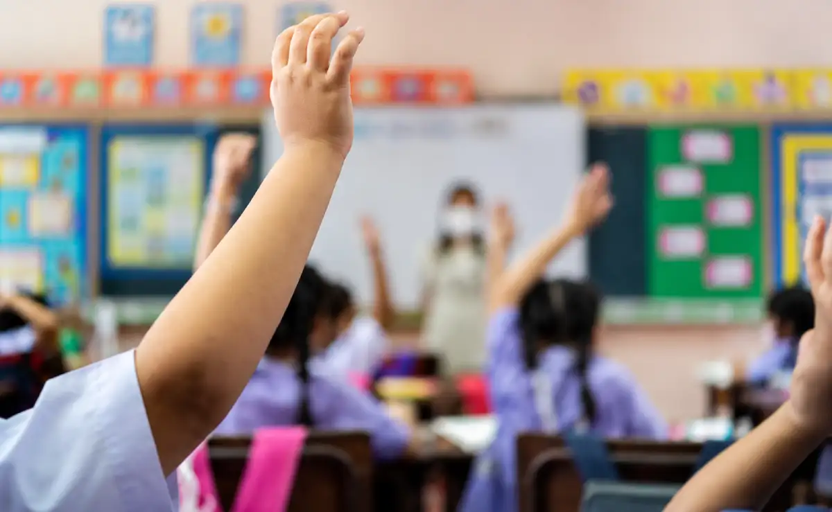 Students in a classroom raising their hands while a teacher stands at the front teaching